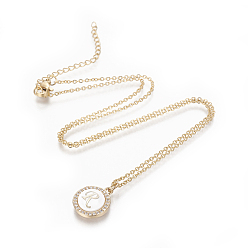 Letter R Brass Initial Pendant Necklaces, with Shell, Cubic Zirconia and 304 Stainless Steel Cable Chains, Flat Round with Letter, Letter.R, 17.5 inch(44.5cm), 1.5mm