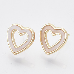 Real 18K Gold Plated Brass Stud Earring Findings, with Shell and Loop, Nickel Free, Heart, Creamy White, Real 18K Gold Plated, 12.5x12mm, Hole: 0.9mm, Pin: 0.7mm