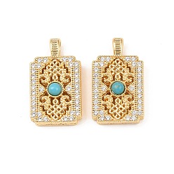 Настоящее золото 18K Латунные микропаве прозрачные подвески с фианитом, прямоугольные, с синтетическими бирюзовый, реальный 18 k позолоченный, 22x12.5x5 мм, отверстие : 4x2.5 мм