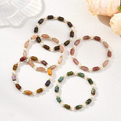 Natural Gemstone Natural Sunstone/Natural Strawberry Quartz/Natural African Turquoise(Jasper)/Natural Bronzite/Natural Mookaite & Shell Pearl & Brass Beads Stretch Bracelets for Women, Barrel, Golden, Inner Diameter: 2.17 inch(5.5cm)