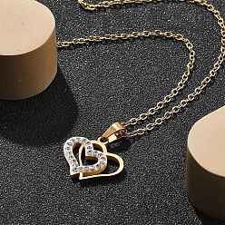 Настоящее золото 18K 304 ожерелья из нержавеющей стали с подвеской в виде сердца и кристаллами из горного хрусталя для женщин, реальный 18 k позолоченный, 17.72 дюйм (45 см), Кулон : 16x18 мм