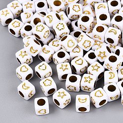 Gold Opaque Acrylic Beads, Moon & Star & Heart & Flower Craft Cube Beads, Gold, 6x6x6mm, Hole: 3.5mm, about 3571pcs/500g
