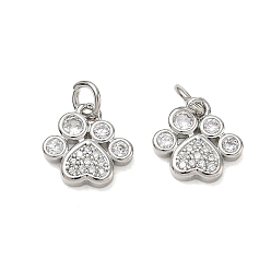 Platinum Brass Micro Pave Clear Cubic Zirconia Charms, Paw Print Charms, Cadmium Free & Lead Free, Rack Plating, Long-Lasting Plated, Platinum, 11x11.5x2.5mm, Hole: 3.5mm