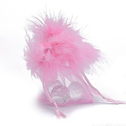 Бледно-Розовый Сумочки из органзы , с кулиской и пером, ювелирные сумки, на свадьбу конфетные мешки, прямоугольные, розовый жемчуг, 9x7.5x0.05 см