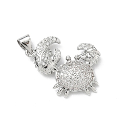 Краб Латунные микро проложить кубического циркония подвески, платина, краб, 19x20x4 мм, отверстие : 4x3.5 мм