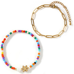 Letter X 2шт. 2 стили, стеклянный бисер и натуральная ракушка, 304 бусины из нержавеющей стали, эластичный браслет и латунная цепочка-скрепка, набор браслетов для женщин, сердце, Письмо X, 6.69 дюйм (17 см) ~ 6.89 дюйм (17.5 см)