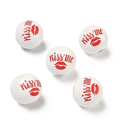 Белый Европейские деревянные бусины ко Дню святого Валентина, окрашенные распылением и напечатанные, круглый с узором губ, бусины с большим отверстием, белые, 15~16 мм, отверстие : 4 мм