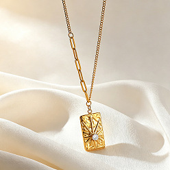 Rectangle 304 Stainless Steel Pave Clear Cubic Zirconia Pendant Necklaces, Real 18K Gold Plated, Rectangle, 15.75 inch(40cm), pendant long: 25mm