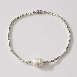 Серебро Эластичные браслеты для женщин из искусственного жемчуга и стеклянного бисера, серебряные, 6.30 дюйм (16 см)