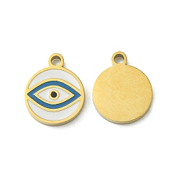 Golden Ion Plating(IP) 304 Stainless Steel Manual Polishing Charms, with Enamel, Flat Round with Eye Charm, Golden, 12x9.5x1.5mm, Hole: 1.6mm