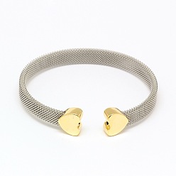 Stainless Steel Color Tarnish Resistant 304 Stainless Steel Mesh Bangles, Cuff Bangles, with Heart Head Findings, Stainless Steel Color, 50~55x59~63mm