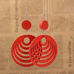 Красный Элегантная мода плоские круглые деревянные болтаться серьги, с платиновым покрытием серьги железа крючки, красные, 90 мм , штифт: 0.8 мм