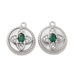 Платинированный Латунные микропаве прозрачные кубические циркониевые подвески, без кадмия, без никеля и без свинца, со стеклом, ракушкой и кольцом для прыжков, плоские круглые с цветком, Реальная платина, 14x12x5 мм, отверстие : 1.2 мм