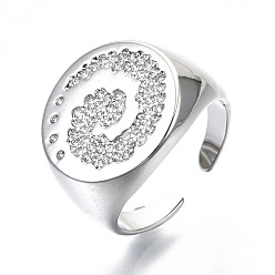 Real Platinum Plated Brass Micro Pave Clear Cubic Zirconia Cuff Rings, Open Rings, Wide Band Rings, Cadmium Free & Nickel Free & Lead Free, Flat Round with Vorte, Real Platinum Plated, US Size 6 3/4, 17mm