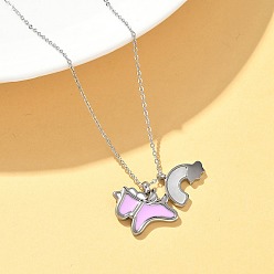 Нержавеющая Сталь Цвет 304 подвеска из нержавеющей стали с розовой эмалью и натуральной белой ракушкой, радужный кулон в виде единорога, ожерелье для женщин, цвет нержавеющей стали, 17.48 дюйм (44.4 см)