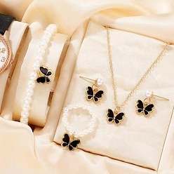 Черный Комплекты из ожерелья, браслетов, сережек и колец в виде бабочки из сплава с эмалью для детей, комплекты украшений из искусственного жемчуга, чёрные, Ожерелье: 450 mm