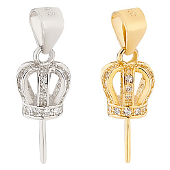 Платиновый & Золотой 2 шт. 2 цвета 925 подвески из стерлингового серебра с микропаве из кубического циркония, держатели чашки, корона, платиной и золотом, 16x7 мм, штифты : 0.8 мм, отверстие : 4.5x4 мм, 1 шт / цвет
