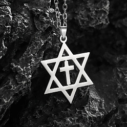 Нержавеющая Сталь Цвет 201 ожерелья из нержавеющей стали со звездой Давида и крестом, не тускнеет, цвет нержавеющей стали, 18.11 дюйм (46 см)