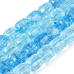 Deep Sky Blue Transparent Crackle Glass Beads Strands, Column, Faceted, Deep Sky Blue, 8~8.5x7~8mm, Hole: 1~1.2mm, about 40~43pcs/strand, 13.78~14.57 inch(35~37cm)