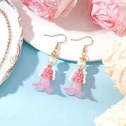 Pink Серьги-подвески из стеклянных бусин ручной работы, с имитацией жемчуга и акрилом, золотые, розовые, 51x16.5 мм