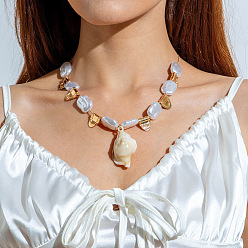 Shell Shape Ожерелья из сплава с подвеской из ракушек из смолы и искусственного жемчуга для женщин, золотые, формы раковины, 22.83 дюйм (58 см)