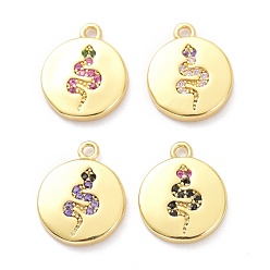 (52) Непрозрачная лаванда Латунные микро проложить кубического циркония подвески, плоские круглые со змеей, разноцветные, 11.5x9.5x1.5 мм, отверстие : 1 мм