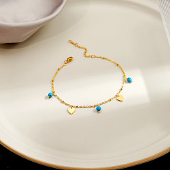 Сердце 304 браслеты на ногу из нержавеющей стали и круглой синтетической бирюзы, золотые, сердце, 7-7/8 дюйм (200 мм)