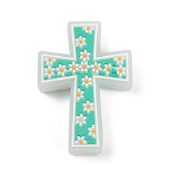 Средний Аквамарин Силиконовые фокусные шарики, крест с цветком, средний аквамарин, 34x23.5x8.5 мм, отверстие : 2.5 мм