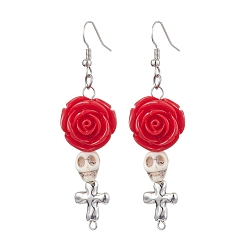 Красный Серьги-подвески из смолы и синтетической бирюзы, с латунной фурнитурой , Хэллоуин роза череп, красные, 69x18 мм
