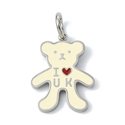 Медведь 304 нержавеющей стальной эмали подвески, цвет нержавеющей стали, цветочный белый, медведь очарование, 17x13x1.5 мм, отверстие : 4 мм