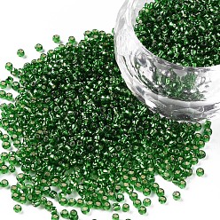 Green 12/0 Grade A Round Glass Seed Beads, Silver Lined, Green, 12/0, 2x1.5mm, Hole: 0.3mm, about 30000pcs/bag