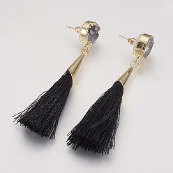 Black Tassel Dangle Stud Earrings, with Brass Findings and Dyed Natural Druzy Crystal, Black, 72~76mm, Pin: 0.8mm, Pendant: 60~63x7mm