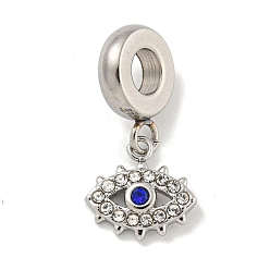 Stainless Steel Color 304 Stainless Steel Pendants, with Rhinestone, Evil Eye, Stainless Steel Color, 21mm, Hole: 4.5mm