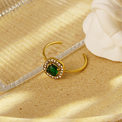 Зеленый Регулируемые открытые манжеты из нержавеющей стали с микропаве из кубического циркония для женщин, квадратный, реальный 18 k позолоченный, зелёные
