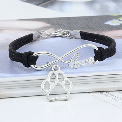 Черный Браслеты с подвесками в виде бесконечности, отпечатка лапы и слова «любовь» из сплава с замшевым шнуром, платина, чёрные, 6-3/4 дюйм (17 см)