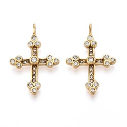 Настоящее золото 14K 304 подвески из нержавеющей стали, со стразами, крестик, реальный 14 k позолоченный, 30.5x19.5x5 мм, отверстие : 3 мм