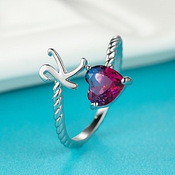 Letter K Латунные манжеты с буквами, кольца из натурального турмалина в форме сердца, платина, Письмо K, внутренний диаметр: 19 мм