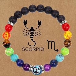 Скорпион 12 созвездия 7 чакра натуральная лава, агат, аметист, тигровый глаз, бирюза и стеклянные круглые бусины, растягивающиеся браслеты, Скорпион, 7-1/4 дюйм (18.5 см)