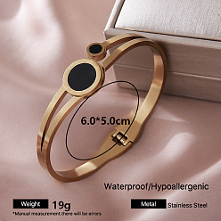 Flat Round 304 Stainless Steel Black Enamel Hinged Cuff Bangles for Women, Golden, Flat Round, Inner Diameter: 2.36 inch(6cm)