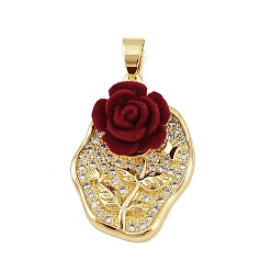 Темно-Красный Латунные микро проложить кубического циркония подвески, без кадмия и без свинца, овал с цветком из смолы, реальный 18 k позолоченный, темно-красный, 34.5x23.5x11 мм, отверстие : 7x4.5 мм