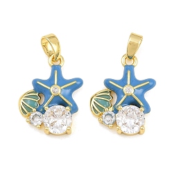 Deep Sky Blue Brass Micro Pave Clear Cubic Zirconia Pendants, with Enamel, Starfish with Shell Shape Charms, Real 18K Gold Plated, Deep Sky Blue, 18x13x4mm, Hole: 5x3mm