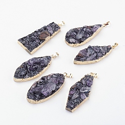 Темно-синий  Шифер Натуральный кварц большие кулоны, с латунной фурнитурой , золотые, самородки, темно-синий, 59~64x22~27x8~13 мм, отверстие : 4.5x7.5 мм