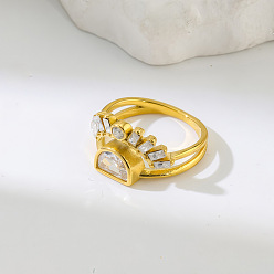 Golden 304 Stainless Steel Pave Cubic Zirconia Finger Rings, Crown, Golden, Inner Diameter: 16.4mm