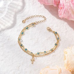 Темно-Голубой Многослойные браслеты ручной работы с элементами лэмпворка от сглаза, 304 женские браслеты с подвесками в виде креста из нержавеющей стали, глубокое синее небо, 6-3/4 дюйм (17.3 см)