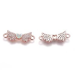 White Brass Cubic Zirconia Links, with Synthetic Opal, Wing with Heart, Rose Gold, White, 7x21x2mm, Hole: 1.6mm