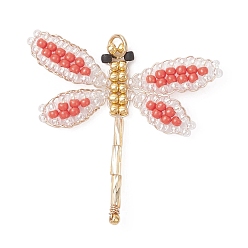 Светло-Вишневый Подвески в виде стрекоз из стеклянных бусин, с открытыми пружинными кольцами из нержавеющей стали 304, реальный 18 k позолоченный, светло-вишневый, 38x38x2.5 мм, отверстие : 3.5 мм