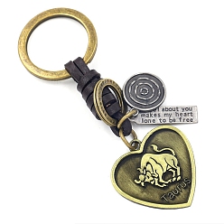 Taurus Heart with Constellations Antique Bronze Alloy Keychains, with Leather Cords, Taurus, 10cm