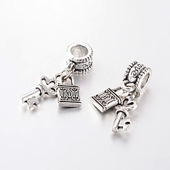 Antique Silver Large Hole Alloy European Dangle Charms, with Key & Lock Pendants, Antique Silver, 28mm, Hole: 5mm