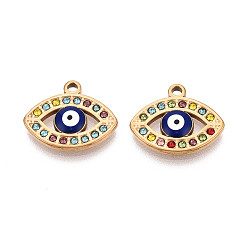Темно-Синий 304 из нержавеющей стали горный хрусталь подвески, Злые чары глаз, с эмалью, вакуумное покрытие pvd, реальный 18 k позолоченный, темно-синий, 15x18x2.5~3 мм, отверстие : 1.6~1.8 мм