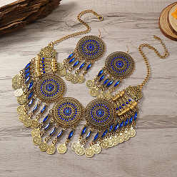 Капри Синий Комплекты из плоских круглых подвесок из сплава со стразами и серег-подвесок для женщин, античное золото , Капри синий, 530 мм